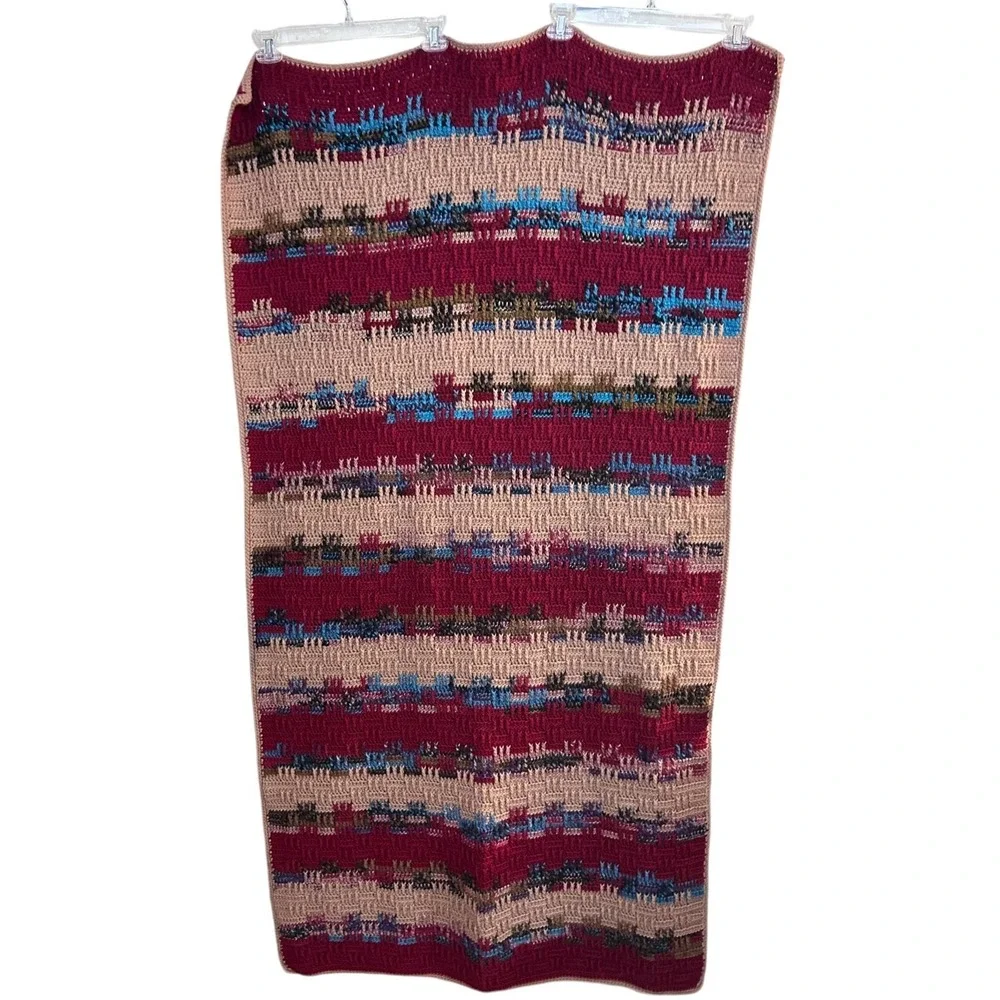 Handmade Crochet Burgundy Teal Taupe Throw Afghan Blanket Stripe Geo 33